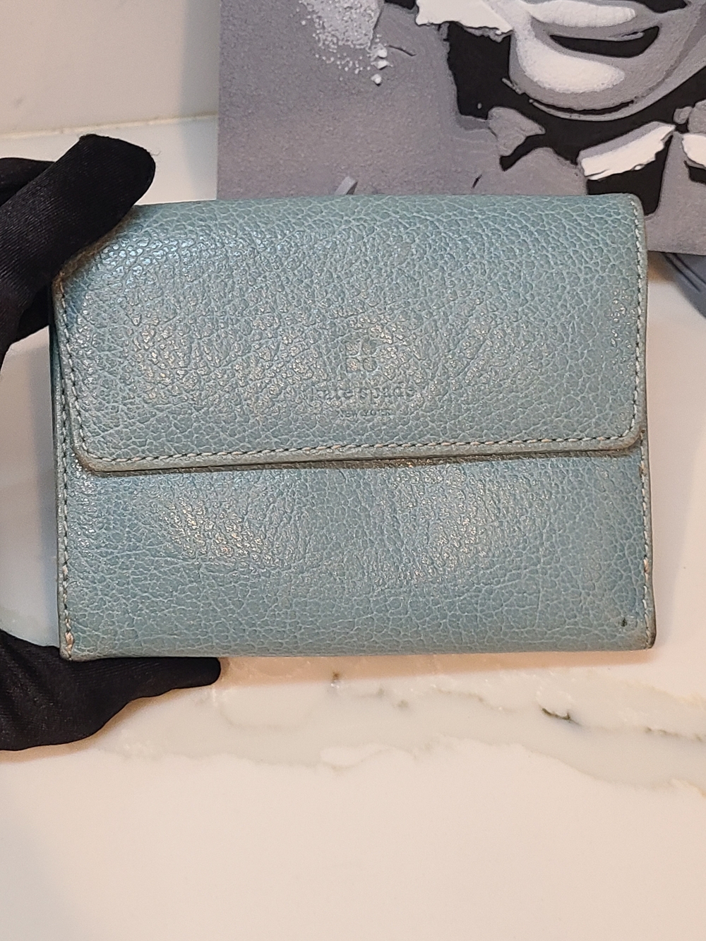 kate spade K8 Vintage pebble leather small bifold wallet in light blue